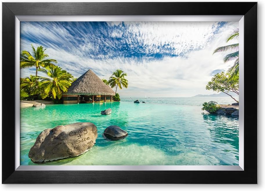 IPIC - "Tropical Memories Personalized Framed Wall Art, Custom Beach Canvas Print with Name and Date on Rock, A Personalized Gift for Couple, Wedding, or Anniversary, Coastal Home Decor