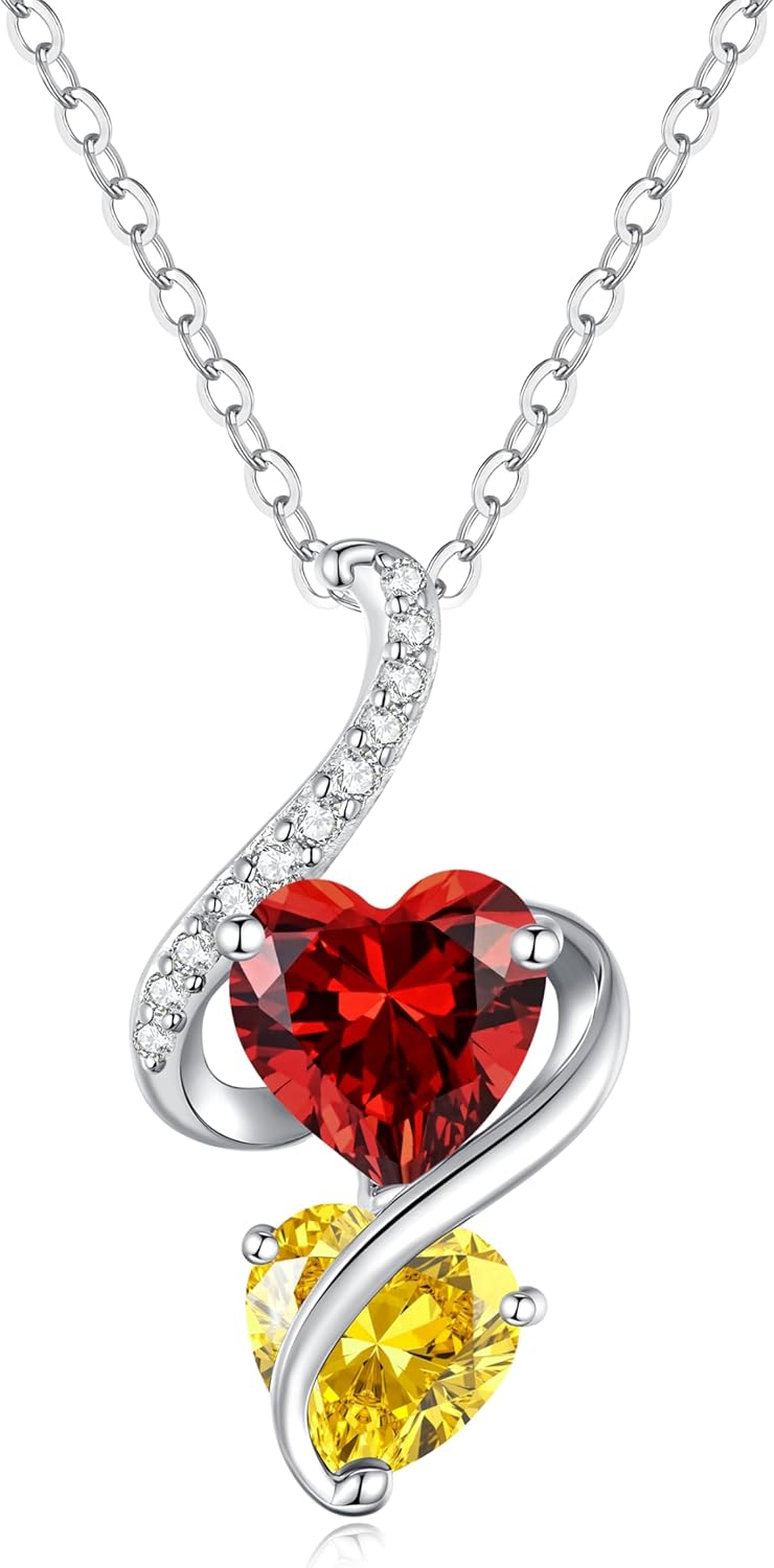 LOUISA SECRET Unique Double Heart Necklace Gifts for Wife Women, 925 Sterling Silver Tiny Birthstone Pendant Jewelry Gift for Her Girlfriend Mom Valentine's Day Anniversary Mother's Day Birthdays & Christmas