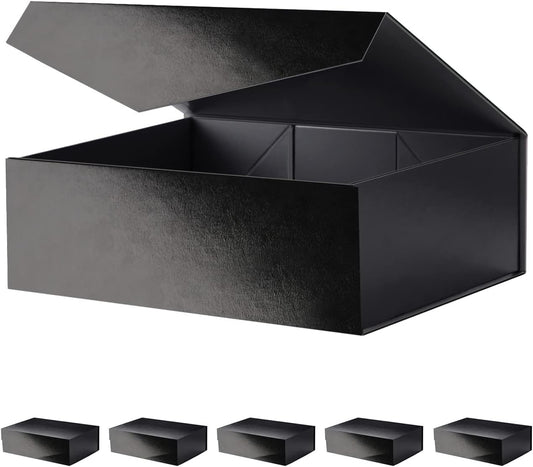 Large Black Collapsible Gift Boxes with Magnetic Closure Lids 13.5x9x4.1 Inches, Groomsmen Proposal Boxes, Rectangle Present Boxes (Glossy Black, 6 Pack)