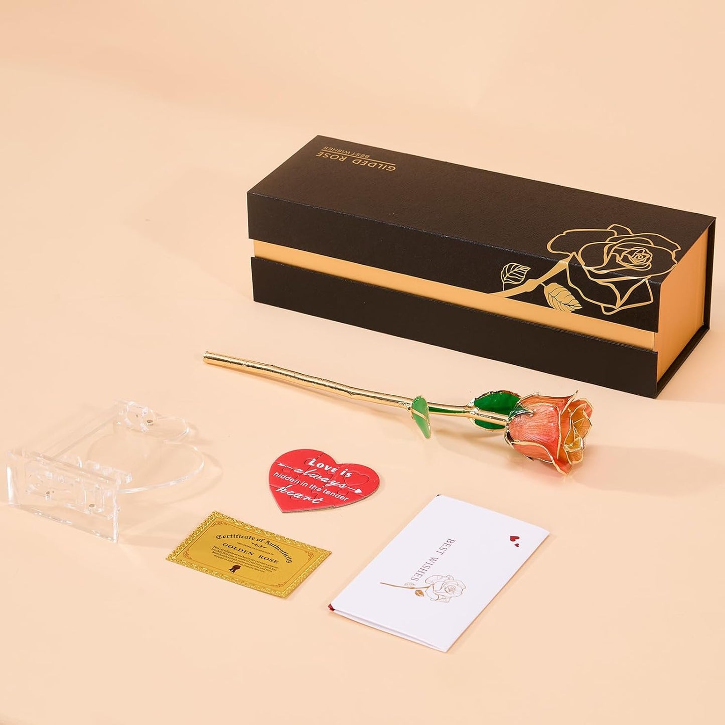 Mikasol Real 24K Gold Dipped Realistic Rose – Timeless Lifelike Bloom with Heart Puzzle Base – Romantic Gradient Orange Flower Gift for Her, Wife, Girlfriend, Mom – Birthday, Anniversary, Mother’s Day