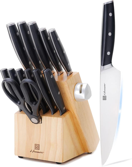 Knife Set, 14 Pieces German Steel Knife Sets for Kitchen with Block, Kitchen Scissors, Sharp Kitchen Knife Set for Home and Restaurants, Classic Elegant Black
