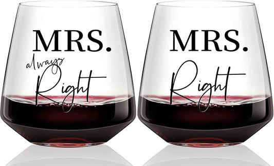 Physkoa Lesbian Wine Glasses Set of 2– Mrs Right& Mrs Always Right – Wedding,Engagement, Anniversary, Birthday Gift for Lesbian Couples