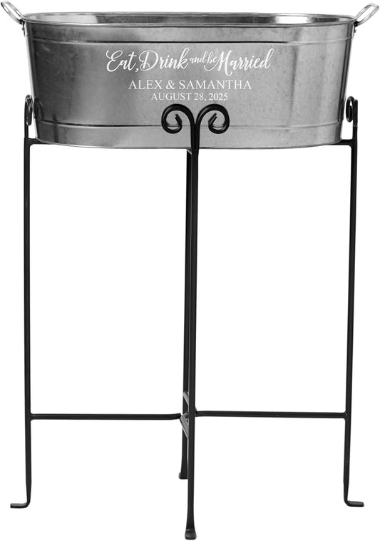 Let's Make Memories Personalized Beverage Tub w/Stand - For Weddings, Newlyweds - Galvanized Metal Tub - Drink Cooler - 5.5 Gallons - Customized for Bride & Groom - Eat, Drink & Be Married