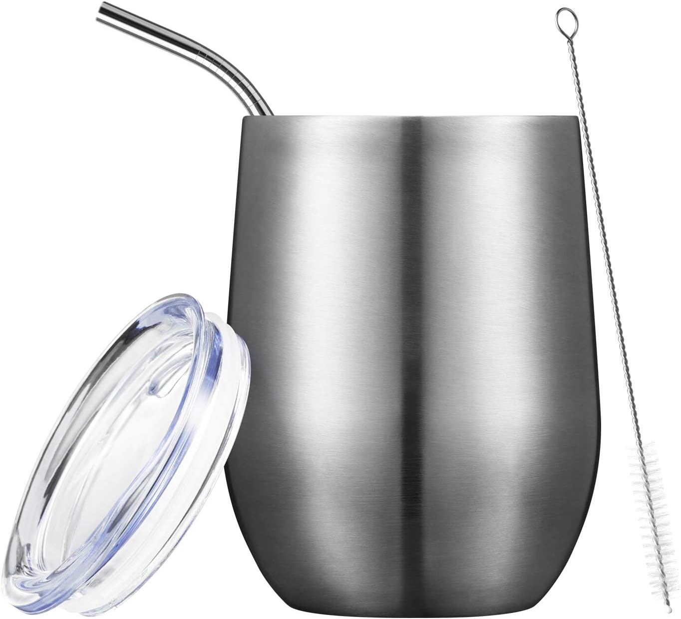 COMOOO 12oz Wine Tumbler with Lid and Straw, Stainless Steel Stemless Wine Tumbler, Double Wall Vacuum Insulated Wine Tumbler Cups for Wine, Coffee, Ice Cream, Champaign, Silver