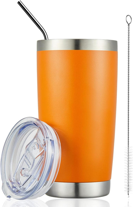 COMOOO 20oz Double Wall Vacuum Insulated Travel Mug, Stainless Steel Tumbler with Lid and Straw Durable Powder Coated Insulated Coffee Cup for Cold & Hot Drinks(Orange, 1 Pack)