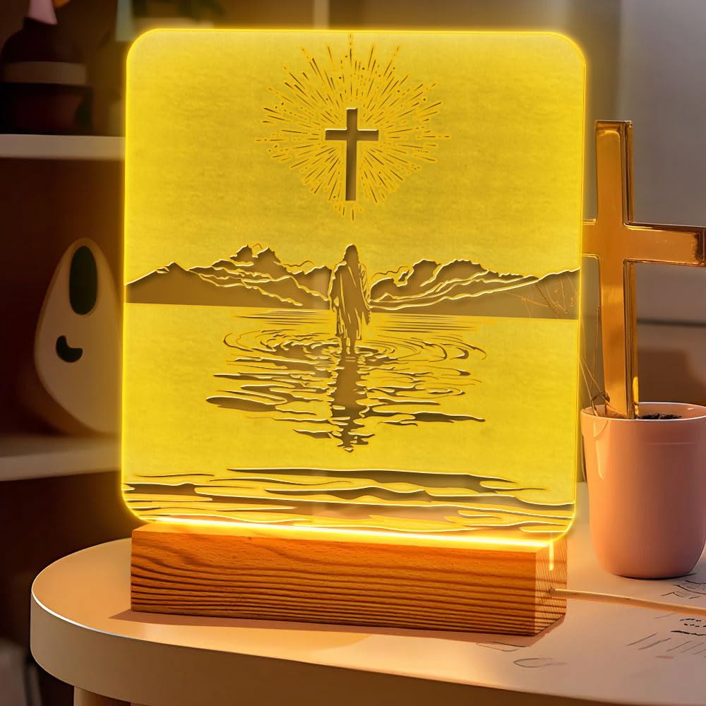 Christian LED Night Lamp for Mom - USB Powered Lamp with Jesus and Cross Design - Wooden Base - Mother's Day Gift - Inspirational Christian Gift for Home Decor and Encouragement