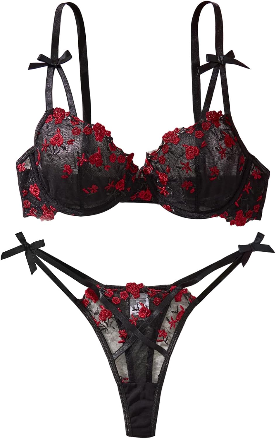 Lilosy Sexy Underwire Cute Push Up Strappy Embroidered Mesh Sheer Lingerie Set See Through Panty Bra