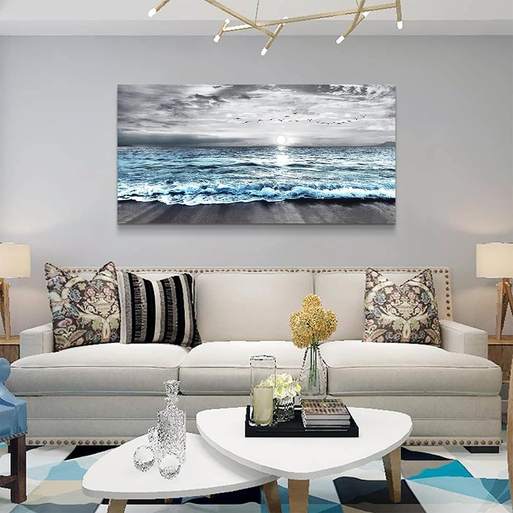 Wapluam Large Canvas Wall Art For Living Room Wall Decor For Bedroom Office Wall Decorations Black And White Painting Blue Sea Wave Pictures Artwork For Modern Stretched and Framed Beach Posters