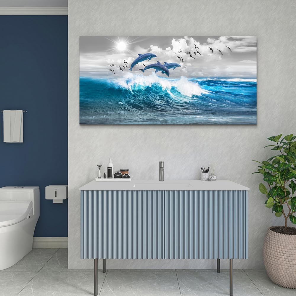 Wapluam Large Size Canvas Art - Blue Waves Of The Sea Wall Art For Living Room & Bedroom - Modern Office Decoration