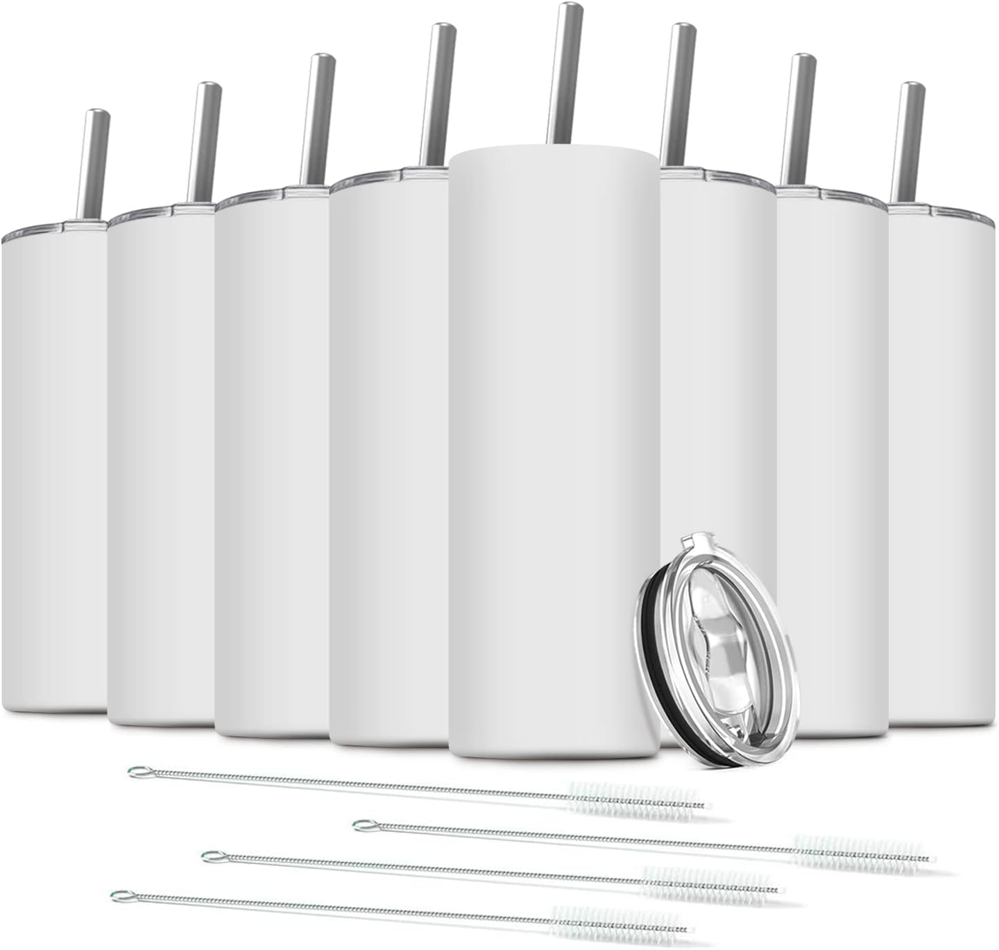 8 Pack Stainless Steel Skinny Tumbler, 20 OZ Double-Insulated Water Tumbler Cup with 8 Straw and 4 Brush, Vacuum Travel Mug Gift for Hot Cold Drinks with Cleaning(White)