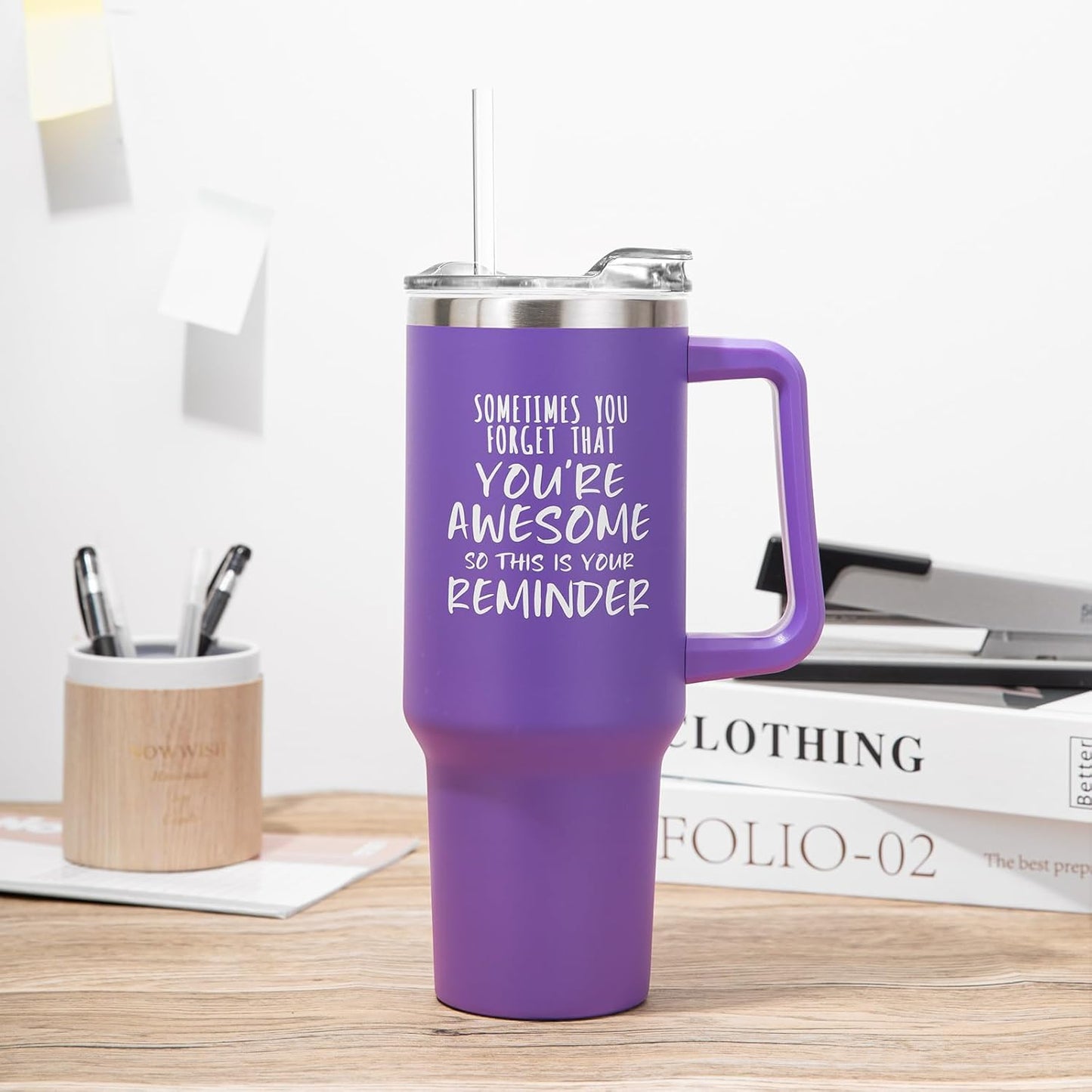 NOWWISH Gifts for Women, Sometimes You Forget You're Awesome 40 oz Tumbler with Handle and Straw, Birthday Gifts for Her Mom Wife Girlfriend and Sister - Purple
