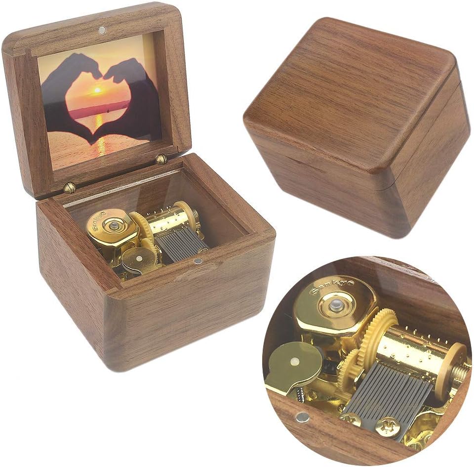 Sinzyo Natural Wooden Music Box with Customizable Photos Wind Up Musical Box Gifts for Christmas,Birthday and Valentine's Day(Simple Walnut, Tone:You are My Sunshine)
