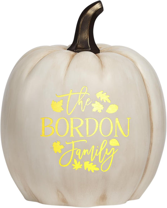 Let's Make Memories Personalized Light Up Pumpkin - Jack-o-Lantern Halloween Décor - Your Family Name on a Custom Pumpkin - Fall Decor - Light Up Indoors/Outdoors - Leaves Pattern - Cream - XL