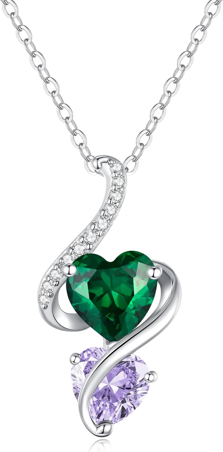 LOUISA SECRET Unique Double Heart Necklace Gifts for Wife Women, 925 Sterling Silver Tiny Birthstone Pendant Jewelry Gift for Her Girlfriend Mom Valentine's Day Anniversary Mother's Day Birthdays & Christmas