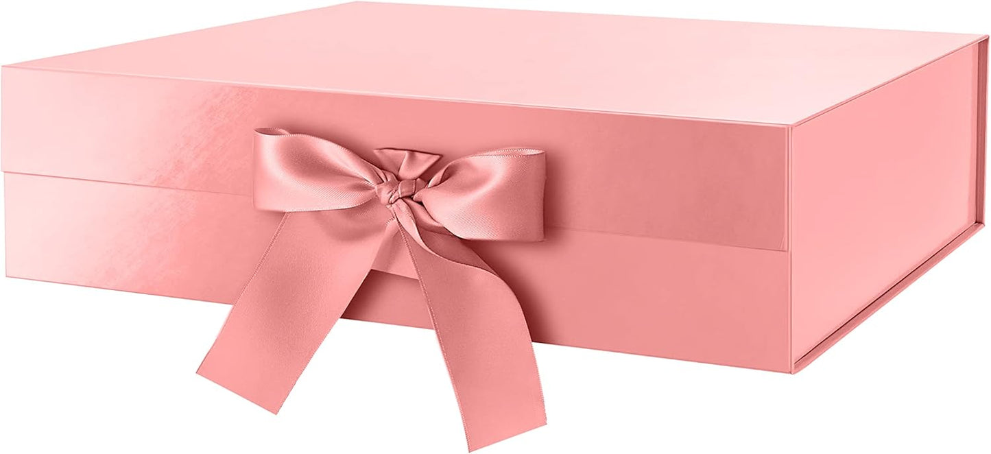 GREEN BEAN Large Gift Box with Lid for Presents 13x9.7x3.4 Inches, Gift Box Rose Gold Magnetic with Ribbon, Bridesmaid Proposal Box Luxury (Glossy Rose Gold)
