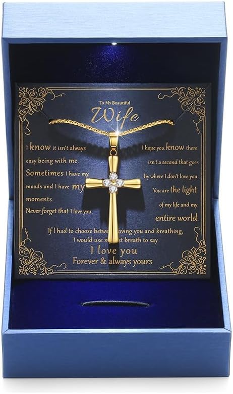 Gold Moissanite Cross Necklace for Women Wife in Light-Up Gift Box - Christian Chain Jewelry with Love Card, Her Shinning Anniversary Birthday Gifts for Wife Girlfriend, Womens Cross Jewelry (18K Gold Plated)
