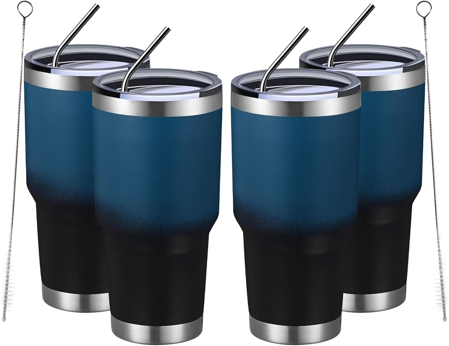 MEWAY 30oz Insulated Tumbler With Lids and Straws,Stainless Steel Double Vacuum Coffee Tumbler Cup, Brush, Durable Powder Coated Coffee Cup for Cold & Hot Drinks, Office, Travel(Blue Black,4 PACK)