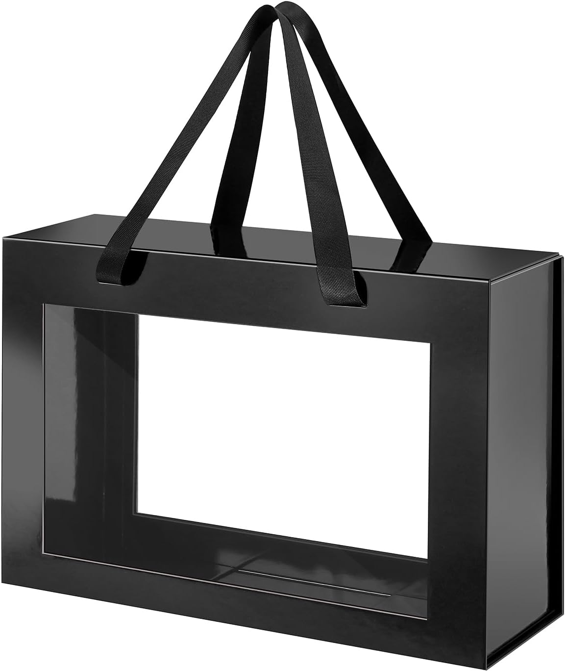Large Black Clear Gift Box, 13.5x9x4.1 Inches Gift Box with Window by Handle, Groomsman Proposal Box, Collapsible Gift Box with Magnetic Closure (Glossy Black, 1 Pack)