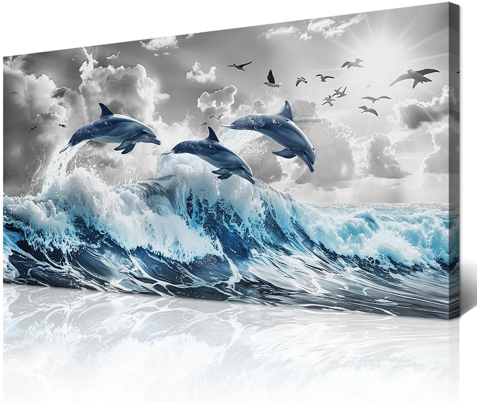 Wapluam Framed Canvas Wall Decoration For Living Room Large Wall Art For Bedroom Blue Waves Of The Sea Wall Pictures Artwork Fashion Office Canvas Art Prints Dolphins Seascape Paintings Home Decor