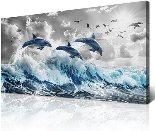 Wapluam Large Wall Art For Bedroom Blue Waves Of The Sea Wall Pictures Artwork Framed Canvas Wall Decoration For Living Room Fashion Office Canvas Art Prints Dolphins Seascape Paintings Home Decor