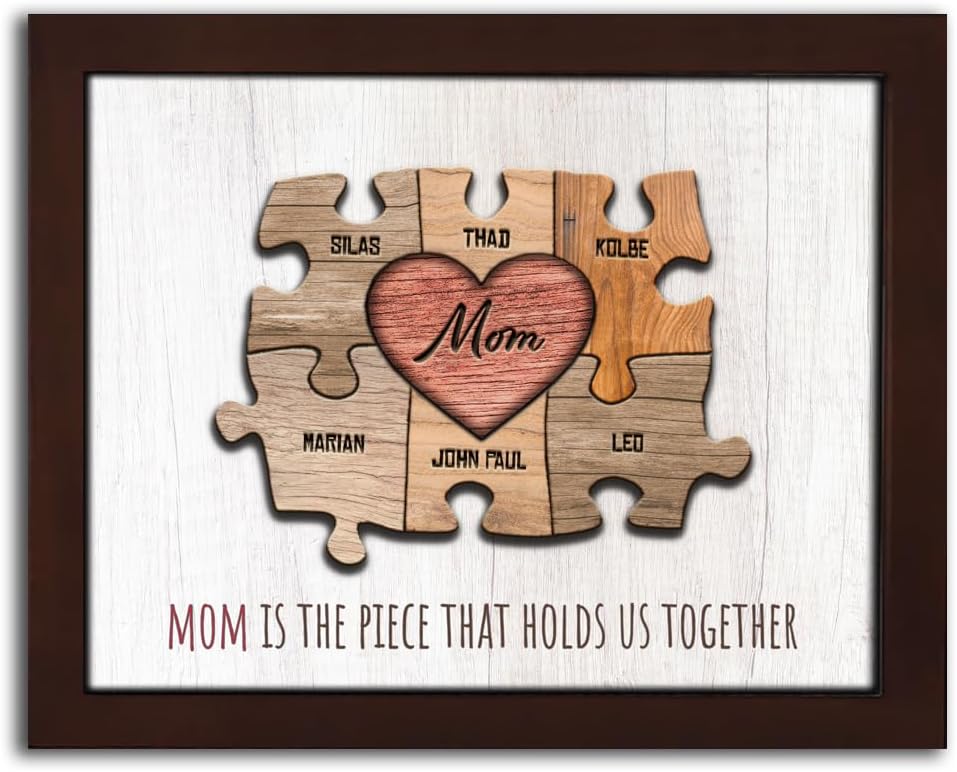 Personal-Prints MOM & Children Personalized HEART Puzzle Wall Art | Unique Customized with up to 8 Names | Mother’s Day, Birthday or Christmas Gift (13"x16" Framed Paper Print, 6 Children)