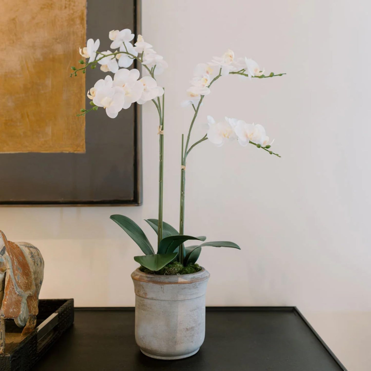 Faux White Orchid Plant, Premium Artificial Indoor Flower Display Stands 24”, Beautiful Sculptural Blooms That Lasts Forever, Grey Planter Pot Included