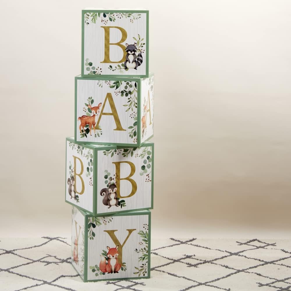 Kate Aspen Woodland Baby Boxes With Letters For Baby Shower Decorations, Gender Reveal Decoration, Photo Prop & Forest Animal Nursery Decor (Set of 4 Stackable Blocks Spells B-A-B-Y)
