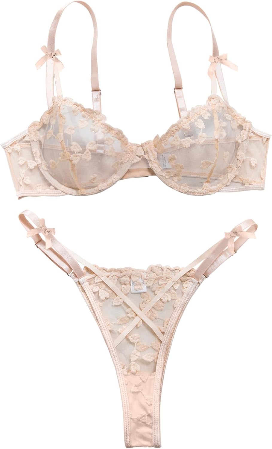 Lilosy Sexy Underwire Cute Push Up Strappy Embroidered Mesh Sheer Lingerie Set See Through Panty Bra