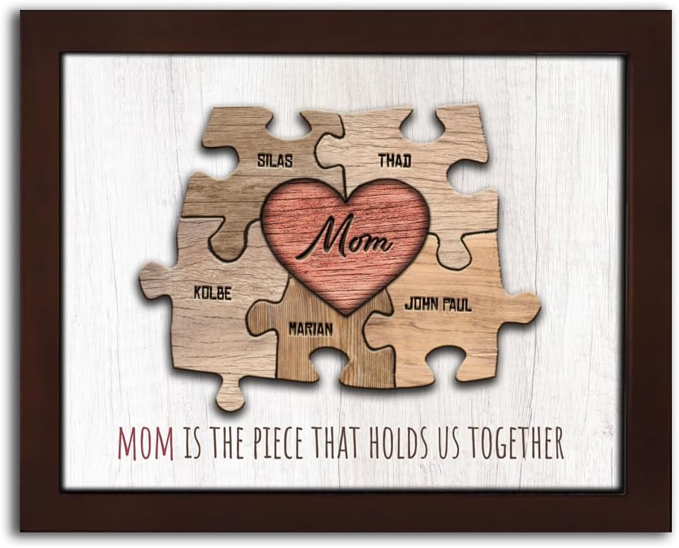 Personal-Prints MOM & Children Personalized HEART Puzzle Wall Art | Unique Customized with up to 8 Names | Mother’s Day, Birthday or Christmas Gift (13"x16" Framed Paper Print, 5 Children)