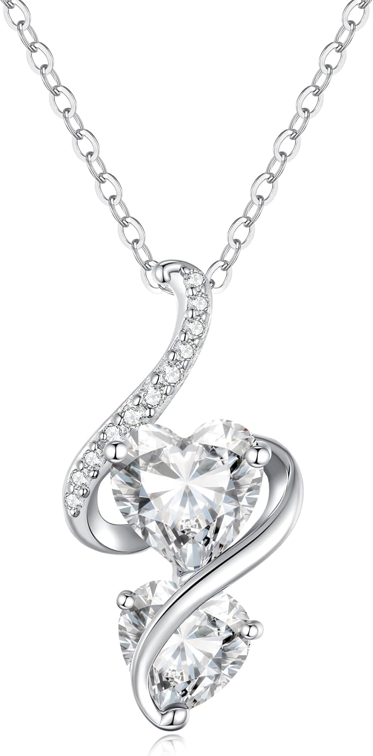 LOUISA SECRET Unique Double Heart Necklace Gifts for Wife Women, 925 Sterling Silver Tiny Birthstone Pendant Jewelry Gift for Her Girlfriend Mom Valentine's Day Anniversary Mother's Day Birthdays & Christmas