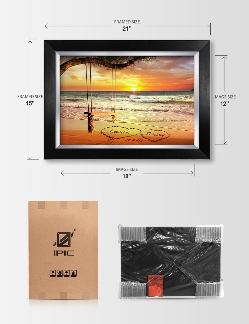 IPIC - "Eternal Love Personalized Framed Wall Art, Custom Beach Sunset Scene with Names and Date in Sand, A Personalized Gift for Couple, Wedding, or Anniversary, Coastal Home Decor