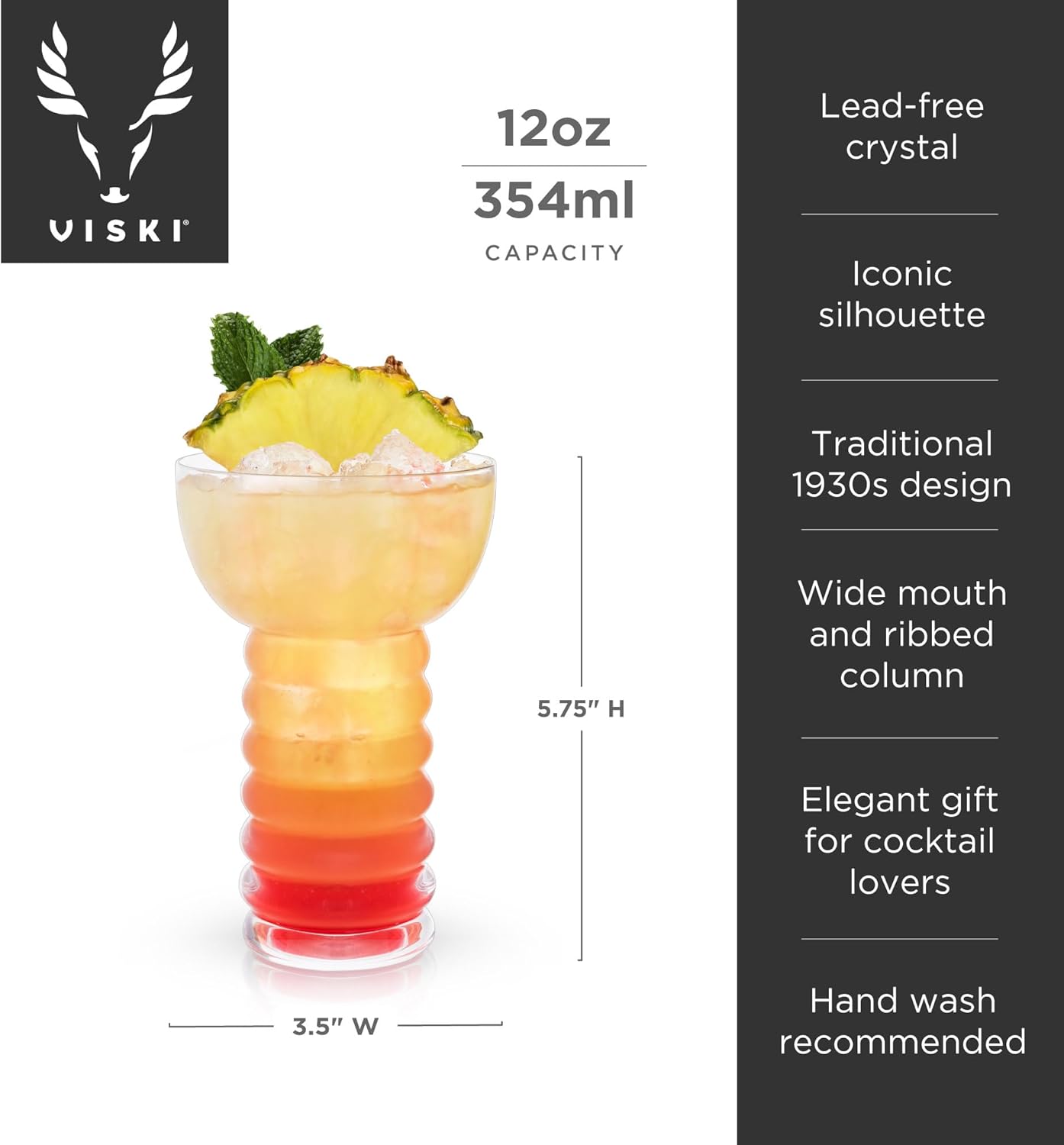 Viski Pacific Crystal Pearl Diver Tropical Tiki Tumbler Set of 2 - Premium Crystal Clear Glass, Stylish Tiki Glasses for Cocktails Gift Set, 12 oz