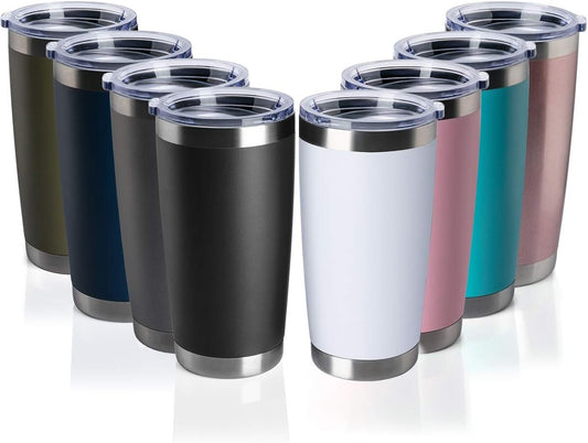 8 pack 20 OZ Double Wall Stainless Steel Vacuum Insulated Tumbler Coffee Travel Mug With Lid, Durable Powder Coated Insulated Coffee Cup for Cold & Hot Drinks (Combine colors, 8 pack)