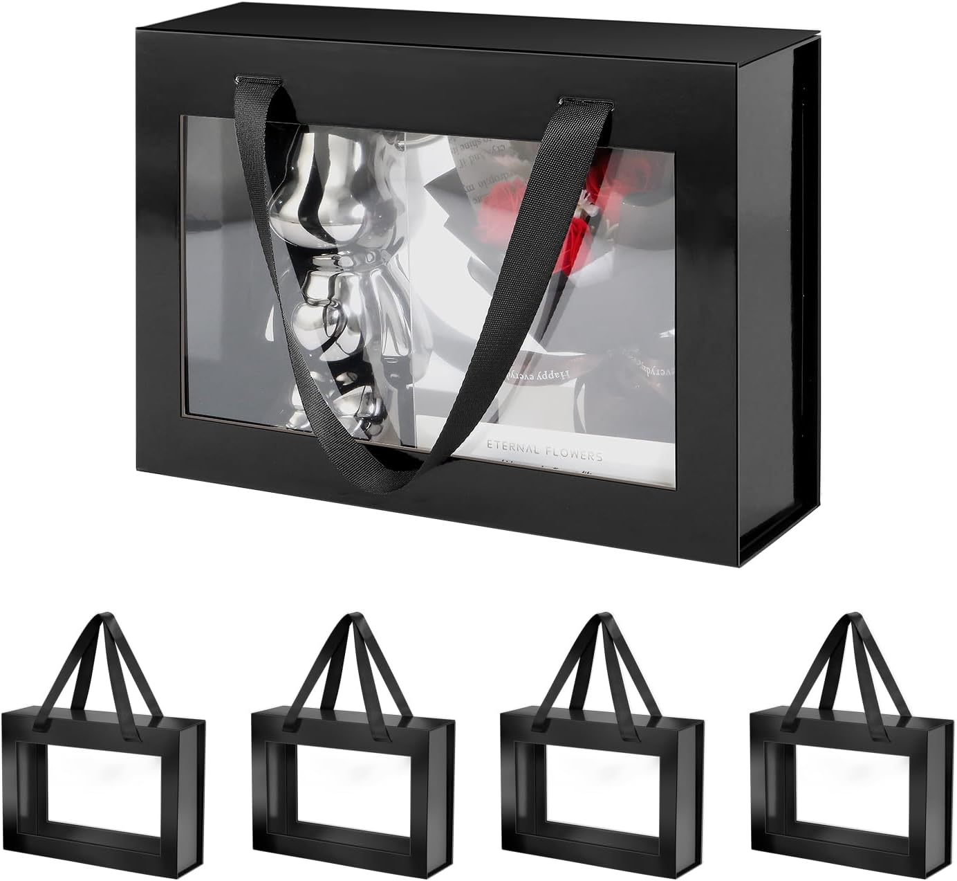 5 Black Gift Boxes with Windows, Clear Magnetic Gift Boxes with Handles for Presents, Groomsman Proposal Boxes (10.5x7.5x3 Inches