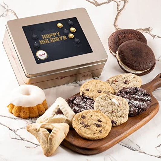 Dulcet Gift Baskets Happy Holiday Tasteful Treats Tin Gift Basket Filled with Gourmet Bakery Goods Ideal Gift Idea for, Wife, Girlfriend, Mom, Daughter, Dad, Son, or Coworker.