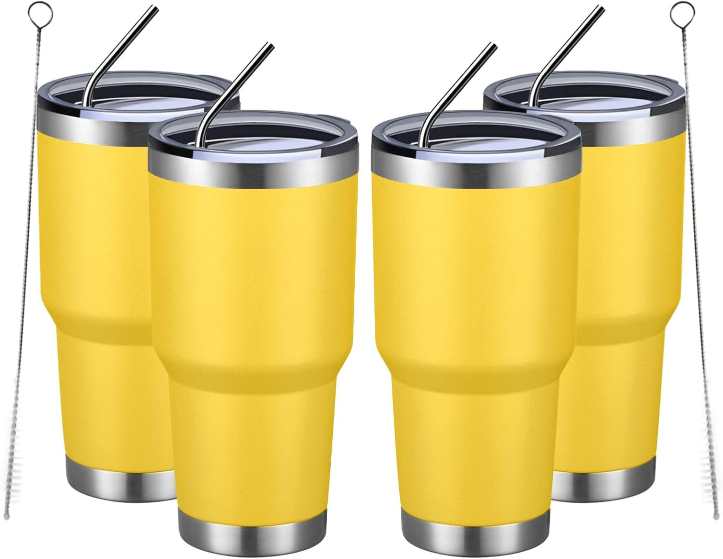 MEWAY 30oz Insulated Tumbler With Lids and Straws,Stainless Steel Double Vacuum Coffee Tumbler Cup, Brush, Durable Powder Coated Coffee Cup for Cold & Hot Drinks, Office, Travel(Yellow,4 PACK)