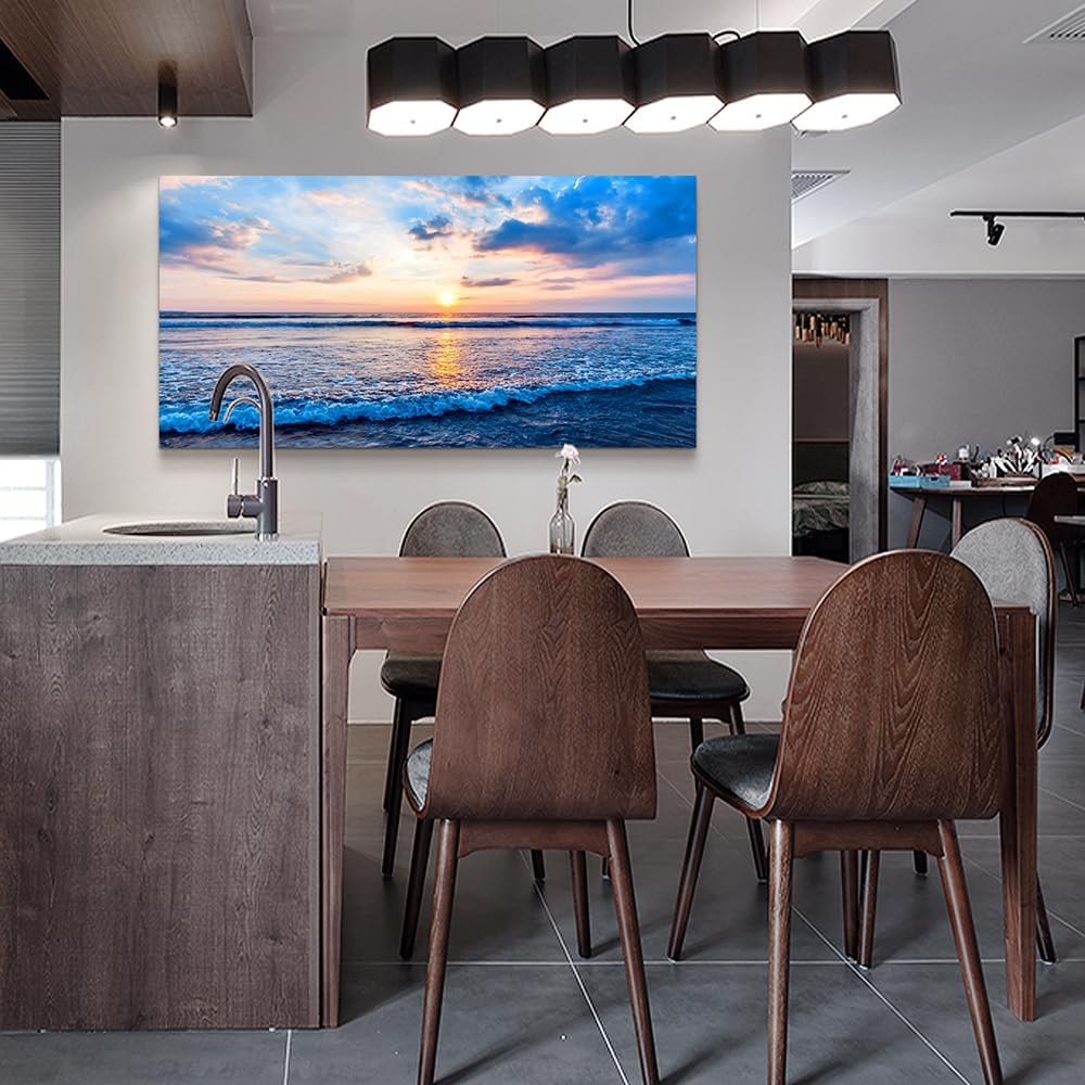 Wapluam Large Canvas Wall Art For Living Room Office Wall Decor Beach Pictures Blue Ocean Sea Waves Landscape Wall Painting Ready To Hang Bedroom Home Decor Canvas Prints Posters Wall Mural Artwork