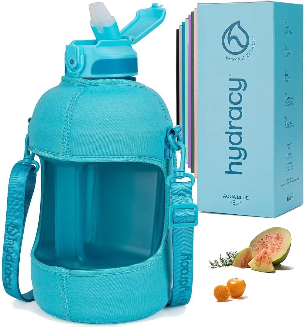 Hydracy Water Bottle with Time Marker -Large BPA Free Water Bottle & No Sweat Sleeve -Leak Proof Gym Bottle with Fruit Infuser Strainer & Times to Drink -Ideal for Fitness Sports & Outdoors