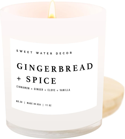 Sweet Water Decor Gingerbread and Spice Candle - Soy Cinnamon, Vanilla, Clove, Ginger Scented Gingerbread Candle for Christmas - 11oz White Jar with Wood Lid, 50+ Hour Burn Time, Made in the USA