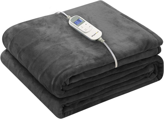 Wapaneus Foot Pocket Heated Blanket Electric Throw with 10 Heating Levels and Auto Shut Off, Flannel Fast-Heating Heated Throw 50" x 60", Machine Washable, Dark Grey