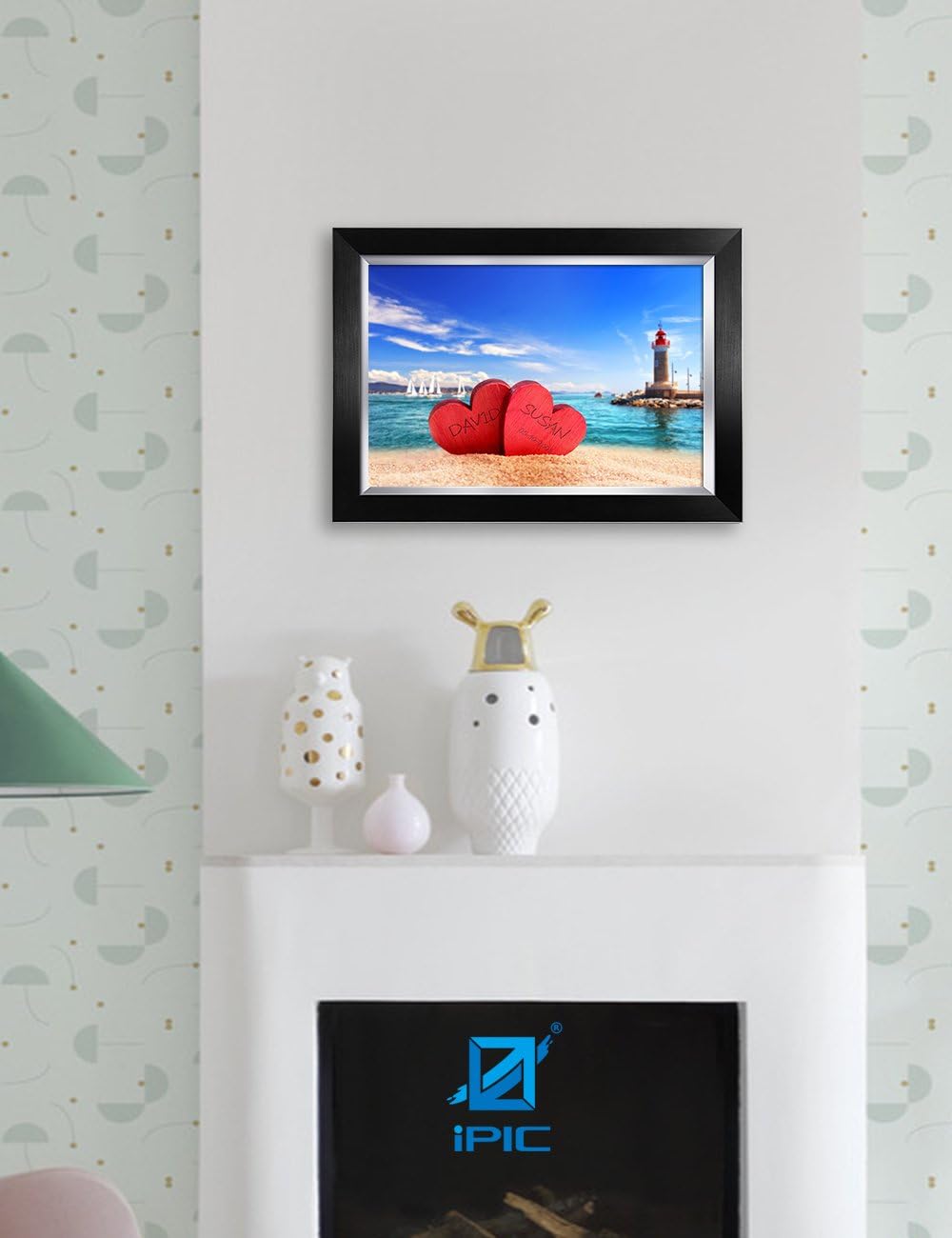 IPIC - Beach Lovers, Personalized Artwork with Names and Date on, Customized Gift for Anniversary,Wedding,Birthday and Holidays. Picture size: 18x12, Framed Size: 21x15