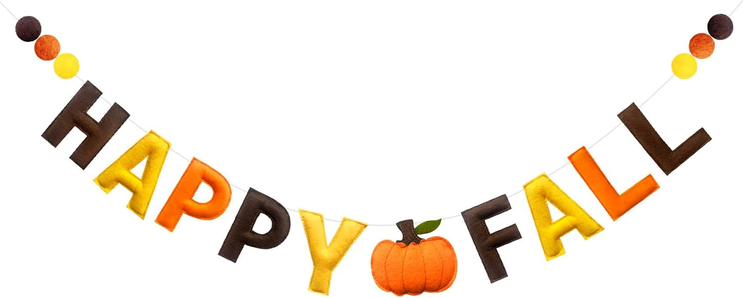 Fall Decorations Pre-Strung Handmade Felt Happy Fall Sign Pumpkin Banner Wool Felt Ball Garland for Autumn Thanksgiving Harvest Nursery Home Wall Decor Birthday Baby Shower Party Decoration Supplies