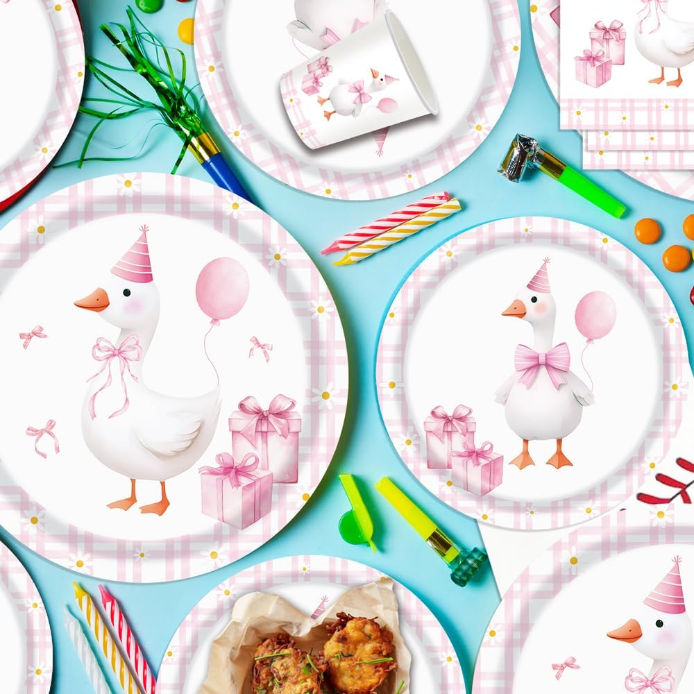 140pcs Pink Pet Duck Birthday Decorations Supplies, Disposable Paper Dinnerware Set Paper Plates Napkins Cups Set for 20 Guests Duck