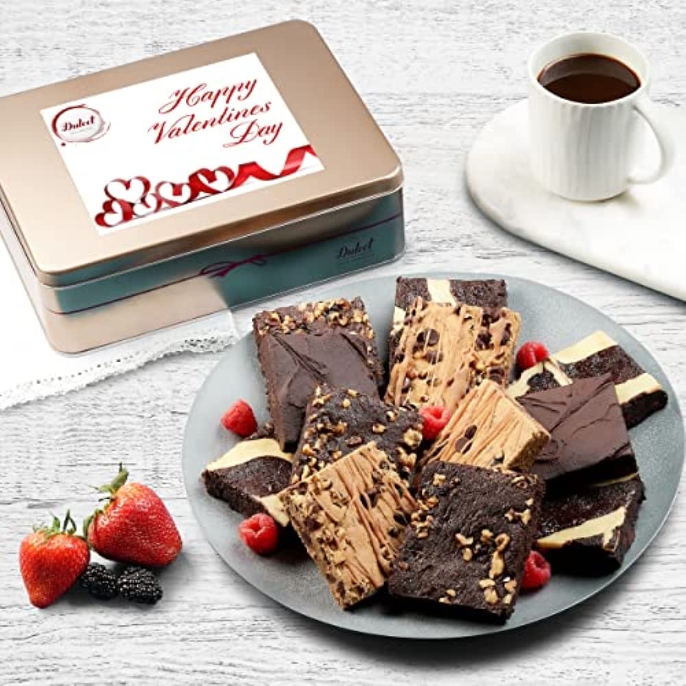 Dulcet Gift Baskets Happy Valentines Chocolate Fudge Brownie Assortment Gift Tin, Fresh Baked Snacks Yummy Flavors including Chocolate Cheese -Walnut -Fudge-Chip Blondie Great for Women, Men, Friends and Family.