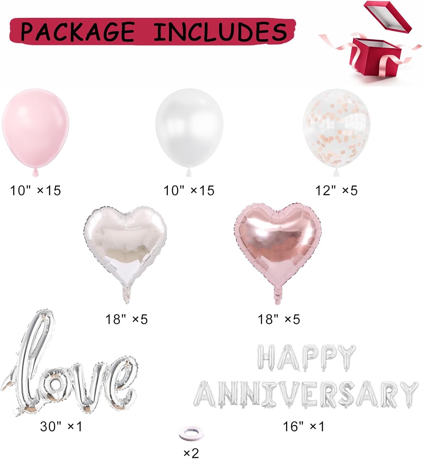 Anniversary Decorations, Happy Anniversary Banner, Pink Hanging String Hearts, Pink and White Balloons, Love Balloon, Red Silk Rose Petals for Wedding Bridal Shower Bachelorette Party Decorations