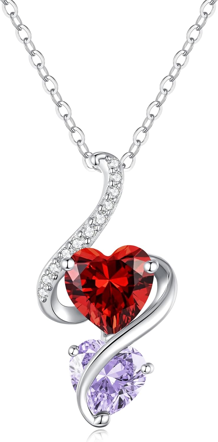 LOUISA SECRET Unique Double Heart Necklace Gifts for Wife Women, 925 Sterling Silver Tiny Birthstone Pendant Jewelry Gift for Her Girlfriend Mom Valentine's Day Anniversary Mother's Day Birthdays & Christmas