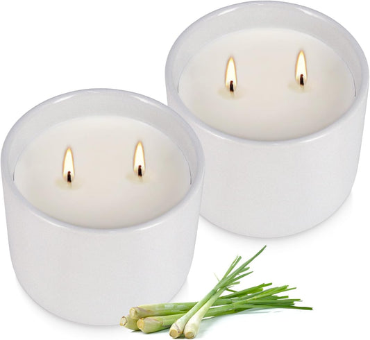 2-Pack Citronella Candles in White Ceramic Jars - 2 Cotton Wicks, Citronella Oil with Elegant White Pillar Design Perfect for Outside Patio, Camping & Garden, Summer Gifts for Indoor Home