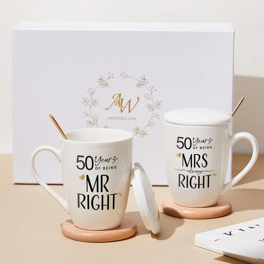 AW BRIDAL 50th Anniversary Mr and Mrs Gifts Coffee Mug Set of 2, 12 OZ Ceramic His and Hers Gifts for Couple, Wife and Husband, Mom and Dad, Grandparents
