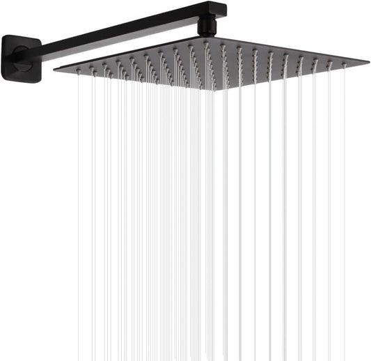 GGStudy Rain Shower Head Black with Extension Arm 10 Inch Square Shower Head with 16 Inch Shower Arm Large Stainless Steel Rainfall Showerhead Matte Black Waterfall Full Body Coverage