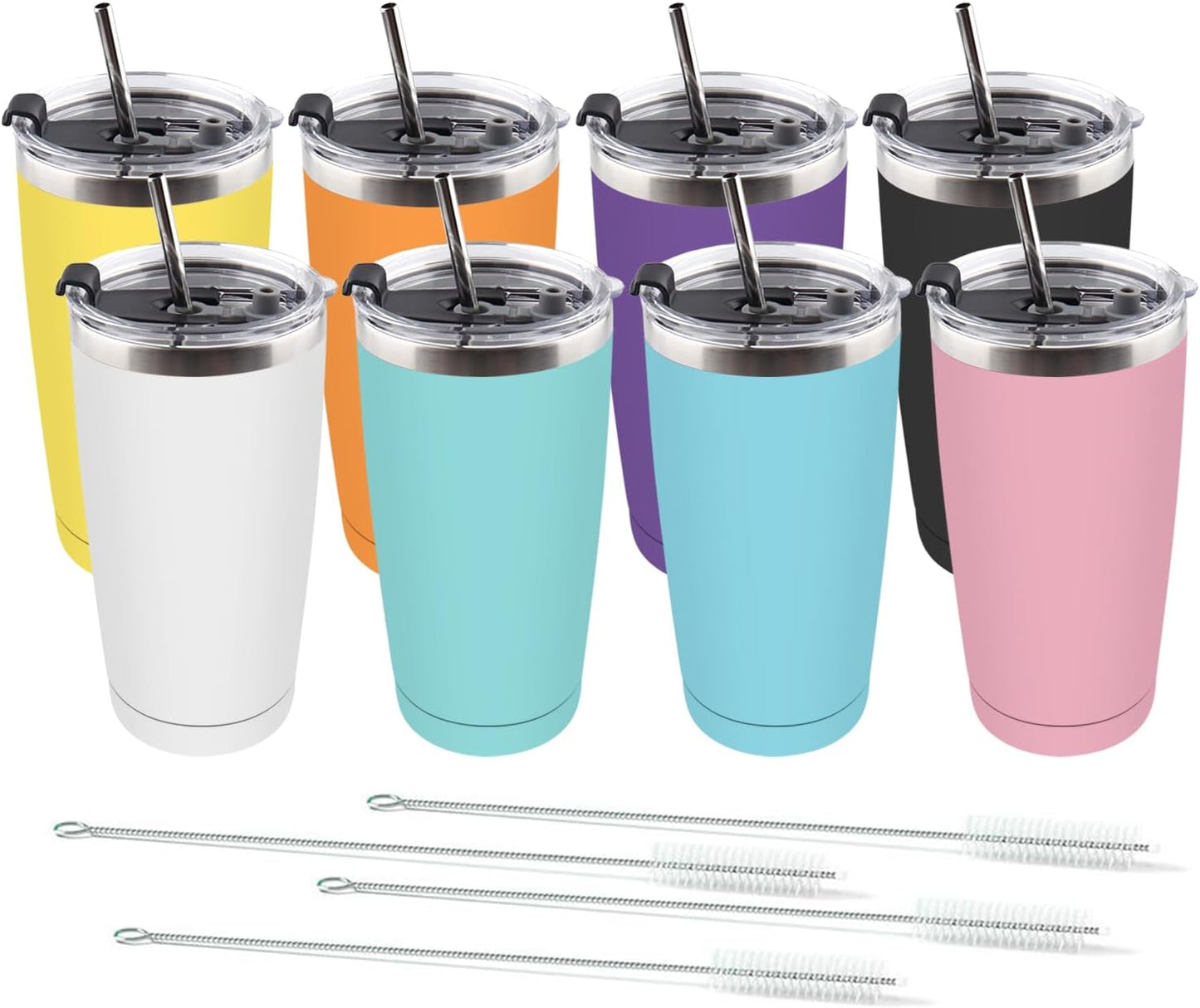 Amtidy 8 Pack 20oz Stainless Steel Tumbler with Lid, Powder Coated Vacuum Insulated Tumbler Cup, With straw and cleaning brushDouble Wall Coffee Tumbler, Powder Coated Travel Mug